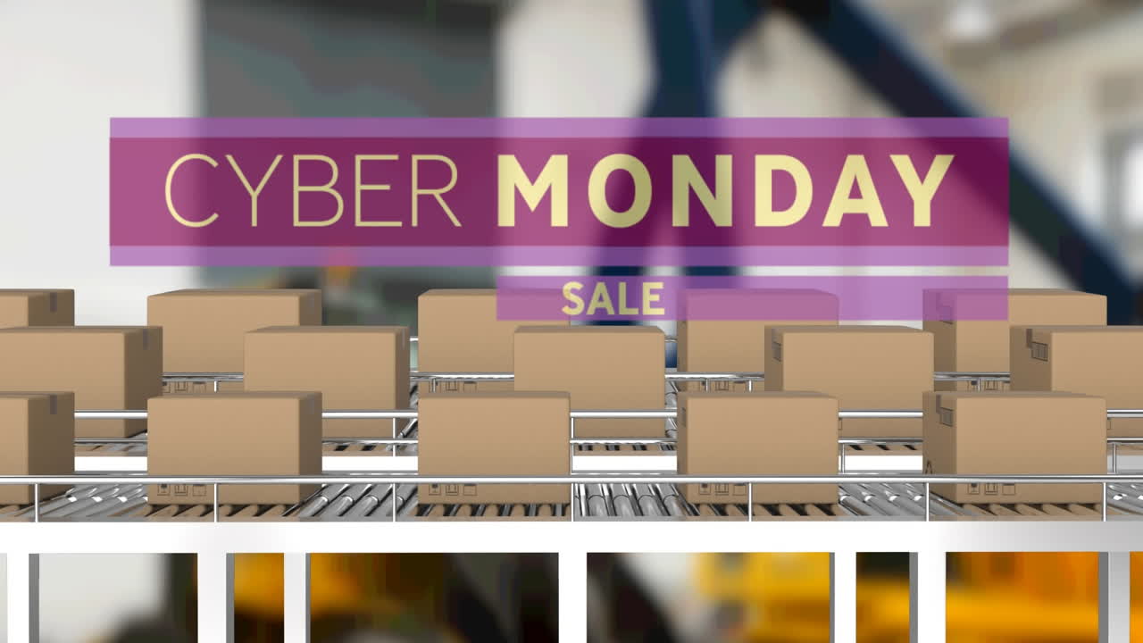 사이버 월요일 판매 텍스트 배너 공장에 대항 컨베이어 벨트에 여러 배달 상자에