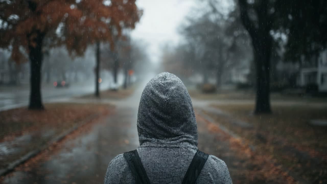 A solitary figure walks through a foggy, rain-soaked street lined with autumn trees, creating a poignant atmosphere of reflection and solitude