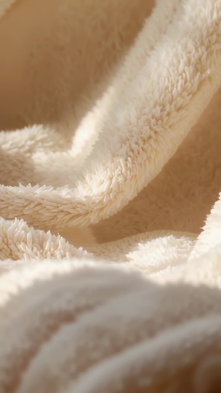Vertical video: Shifting camera examining plush cream pile fabric on bed showing folds and texture