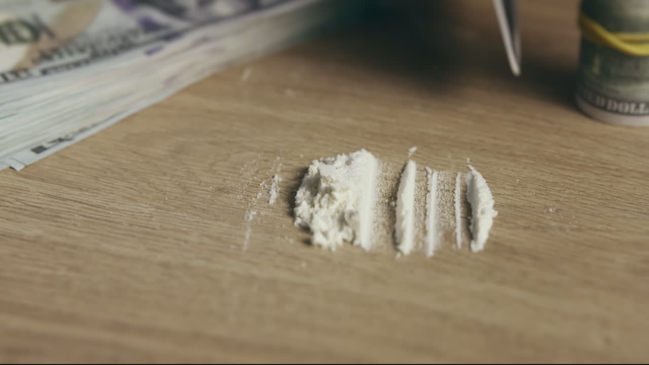 코카인, 테이블과 마약의 줄을 손으로