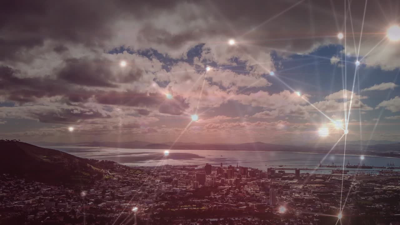 Animazione di rete di connessioni su paesaggio urbano