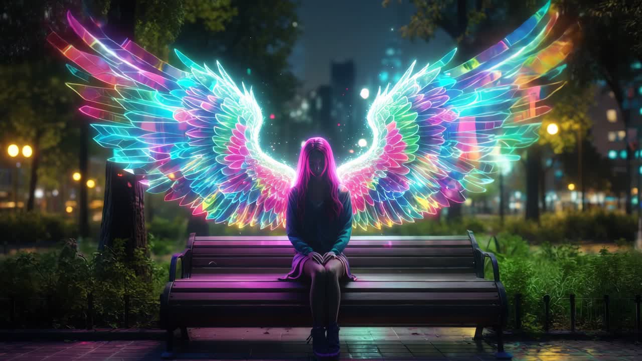 A Girl with Glowing Wings in a City Park at Night