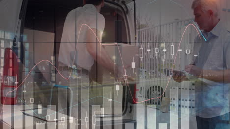 animation of statistics and financial data processing over delivery man