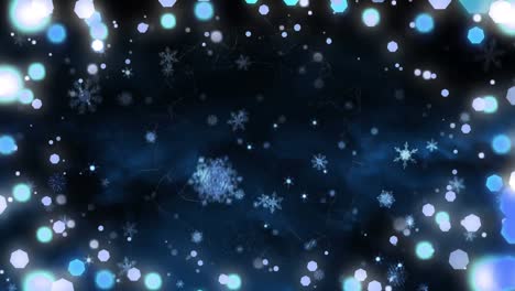 animación de nieve cayendo y luces de hadas de navidad parpadeando sobre fondo negro