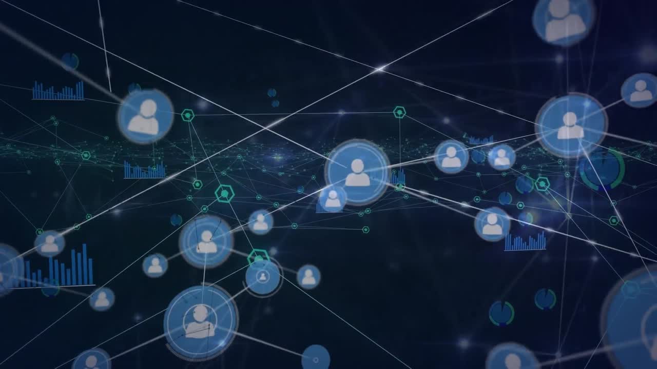 Animation of glowing network of connections and profile icons against blue background