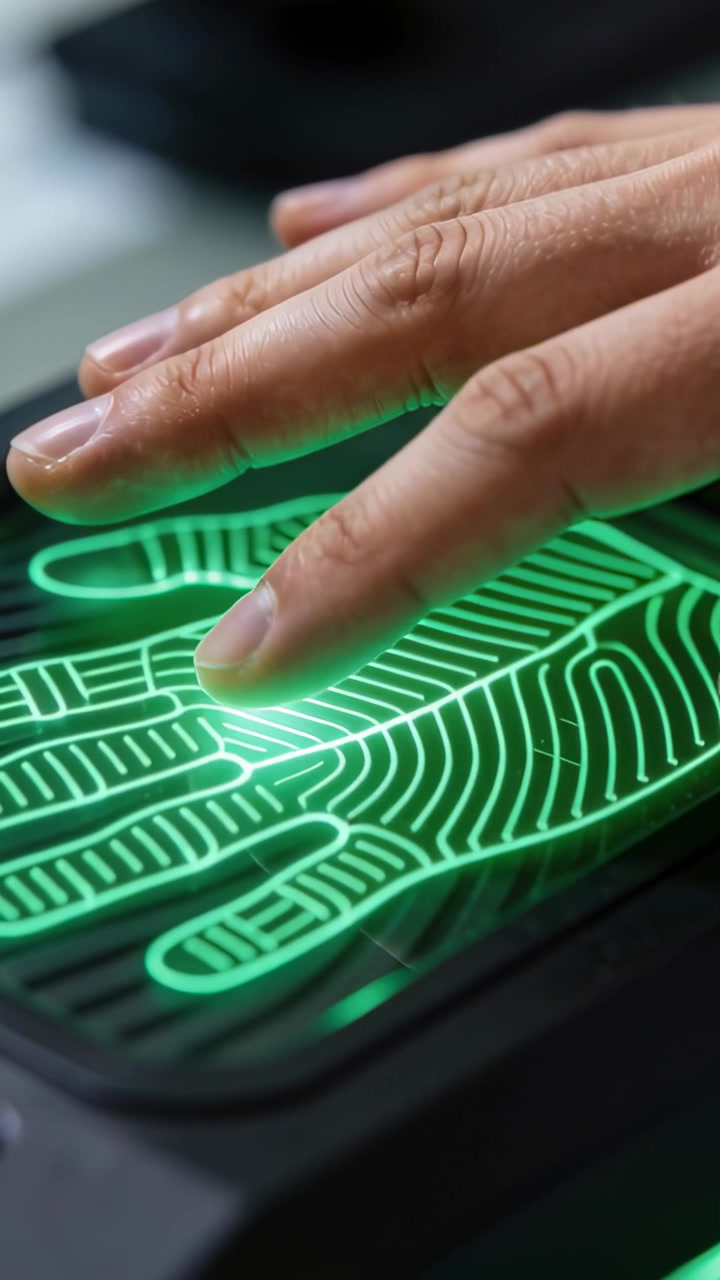 Vertical video: Placing adult hand on glowing palm sensor at work desk, device mapping contact