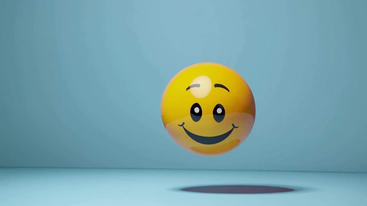 Un rendering in 3D di una faccina sorridente fluttua su uno sfondo blu minimalista, ripresa da un angolo basso