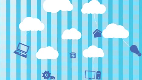 Blaue-Wolke-Bewegt-Sich-Mit-Netzwerksymbolen-Auf-Blau-Kariertem-Hintergrund
