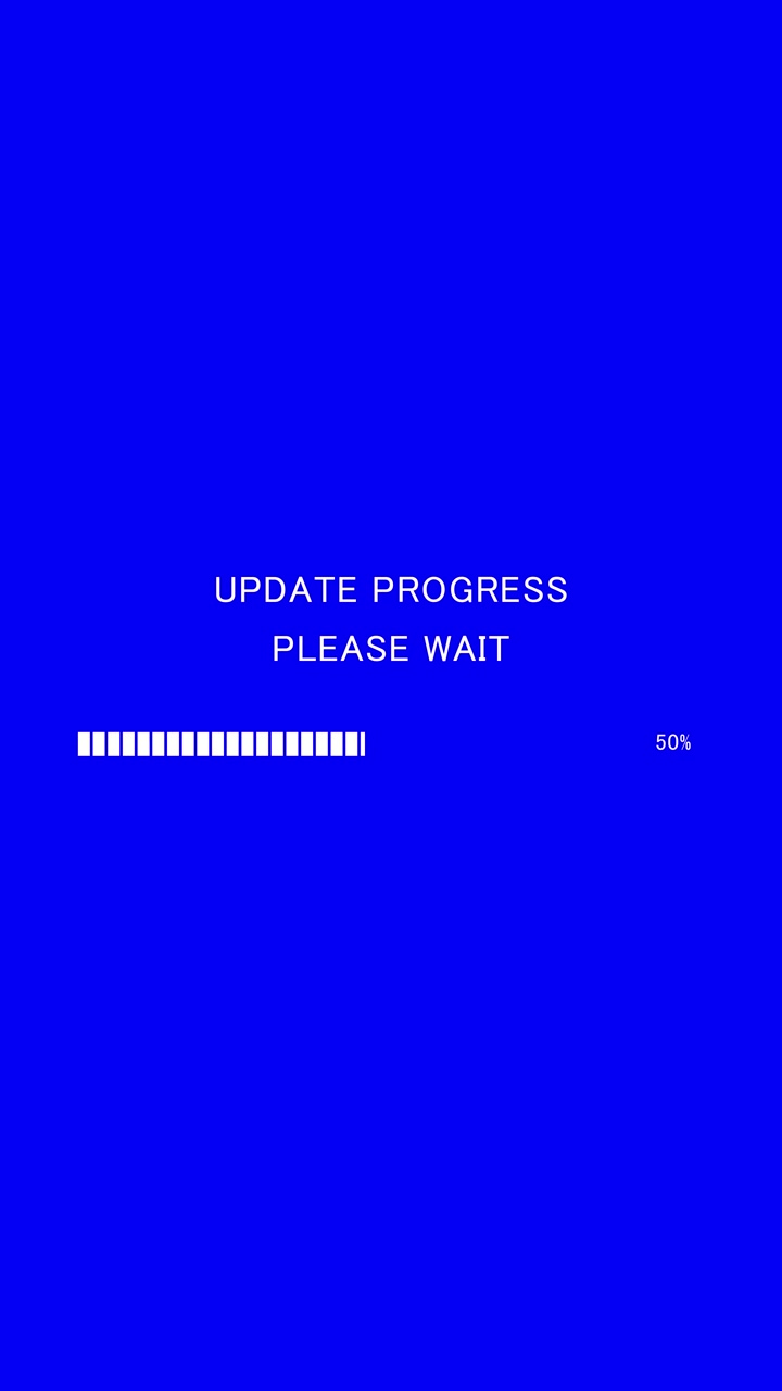 Vertical video of loading progress bar with on-screen text update progress please wait on blue background