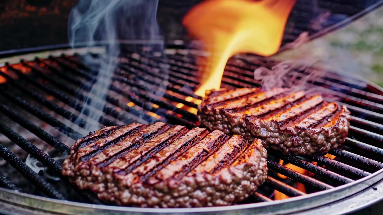Due succulenti hamburger che grigliano su un barbecue caldo con fiamme