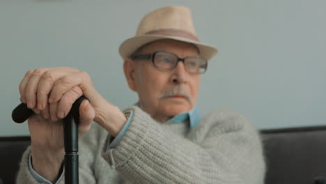 old man with gray mustache, hat, glasses and cane