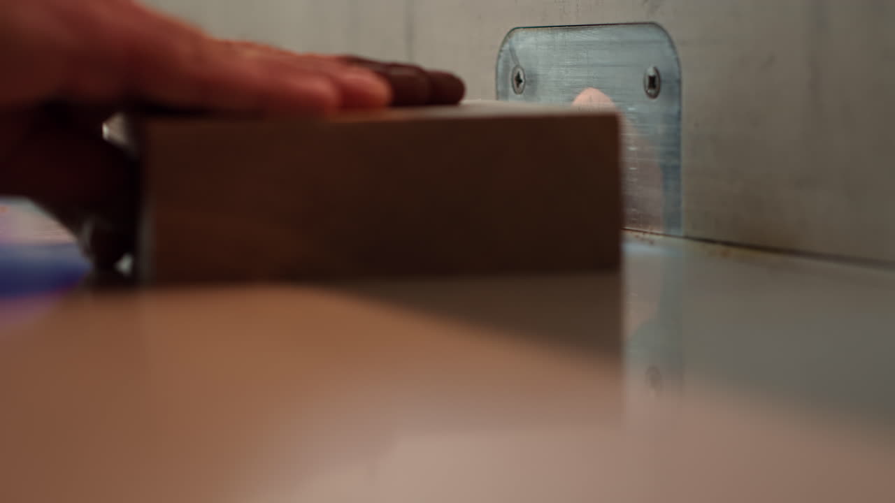 hombre poniendo bloque de madera a través de moldeador de huso, creando bordes lisos