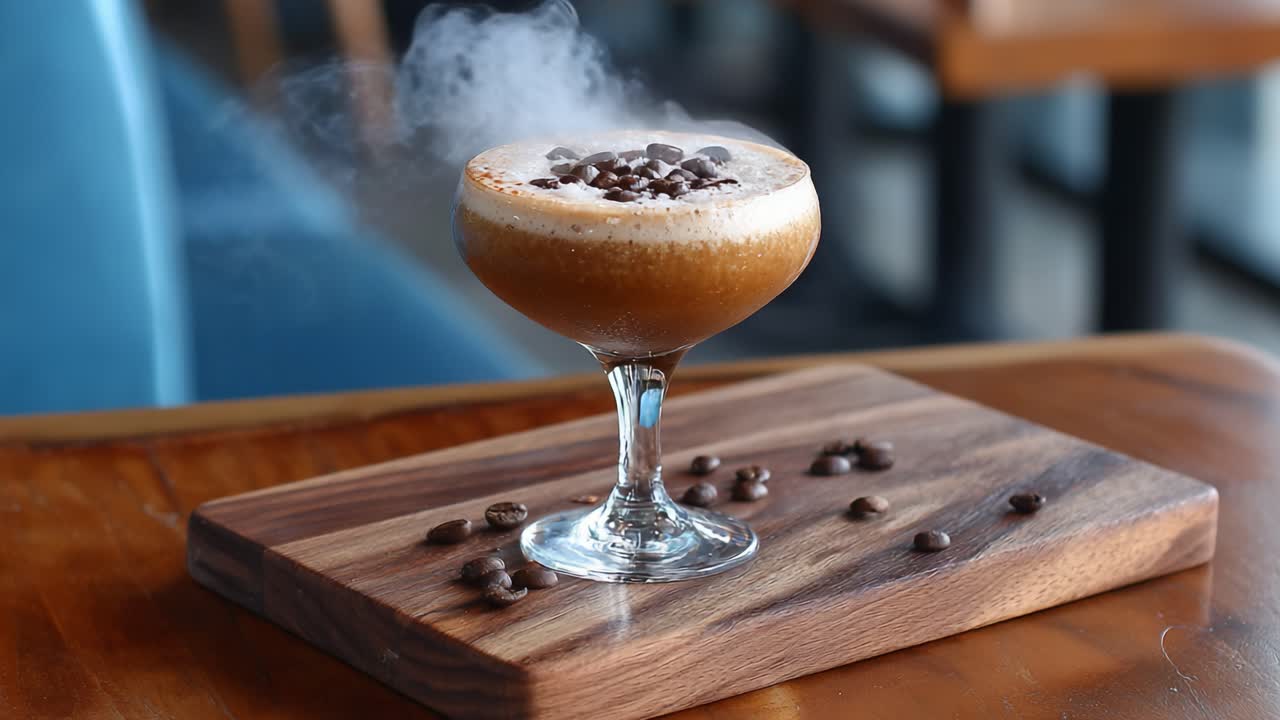 An Exquisite Coffee Cocktail with Whimsical Smoke and Gourmet Chocolate Accents Served in a Classy Glass on a Wooden Board