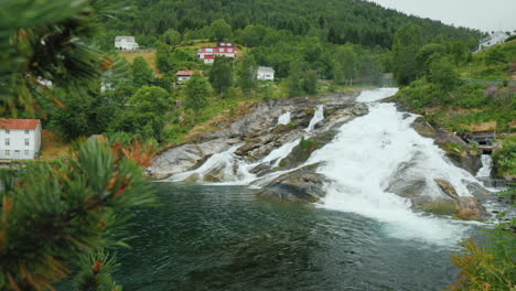 Beautiful-Waterfall-In-The-Village-Of-Flam-In-Norway-4k-Video