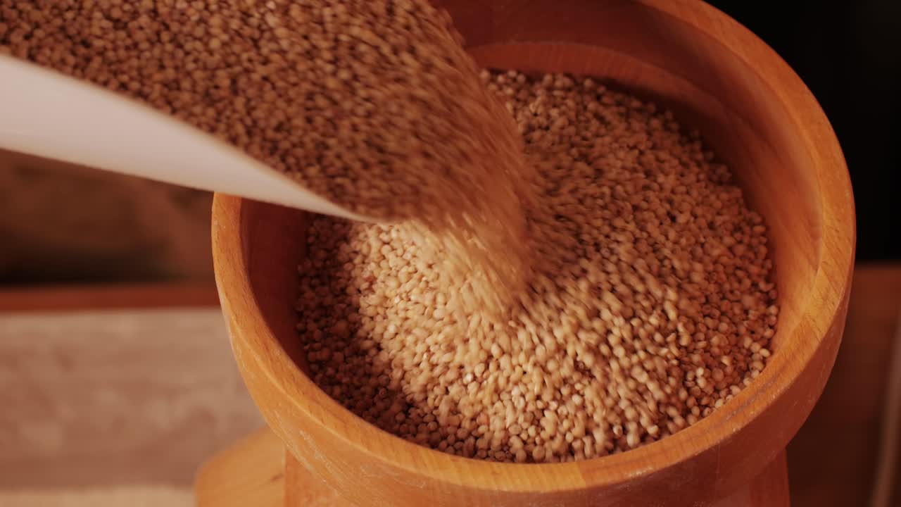 Close-up shot of treatment of seeds of cereals: rye, barley, wheat against diseases and insects using modern equipment. Hard wheat in hopper being ground into whole wheat flour. High quality 4k footage