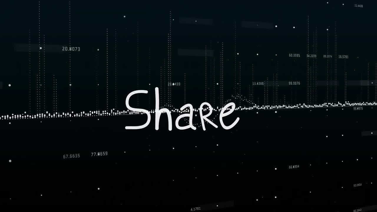 Animation of share text and data processing on black background