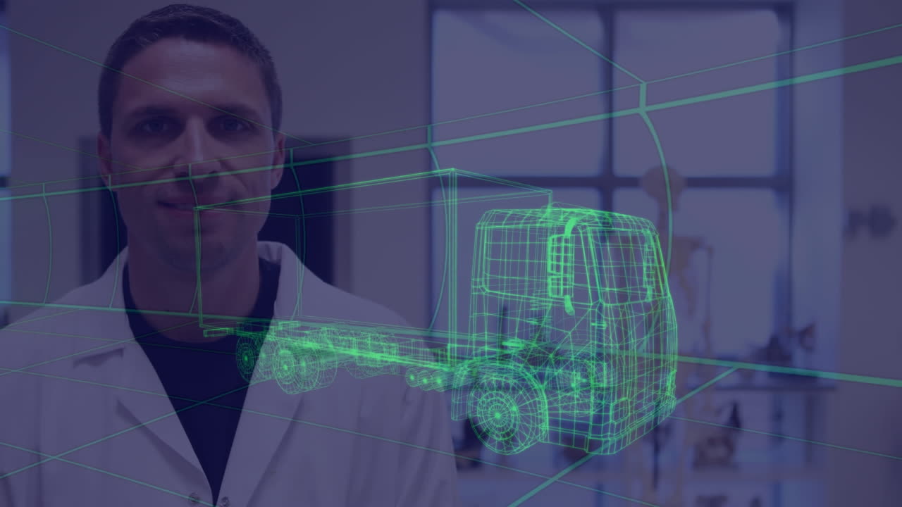 animación de un dibujo de coche en 3d sobre un hombre con bata de laboratorio