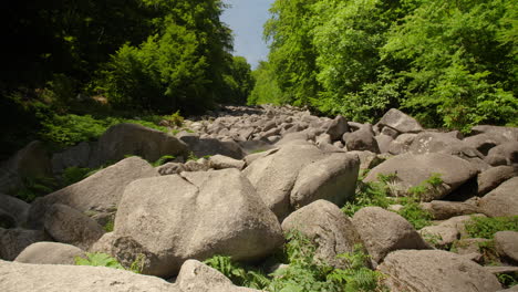 Felsenmeer-in-Odenwald-Sea-of-rocks-wood-nature-landscape-tourism-on-a-sunny-day-steady-wide-shot