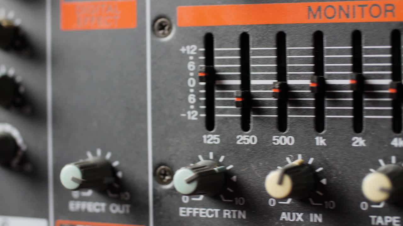 Old dusty audio console closeup. Sliding