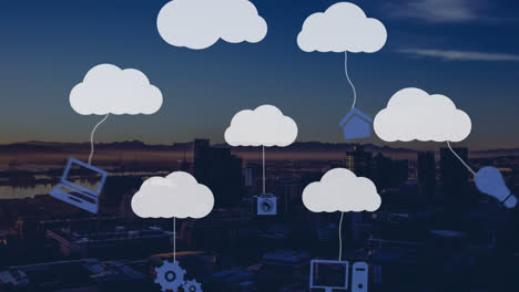 animation of application icons hanging over clouds with silhouette view of cityscape and skyline