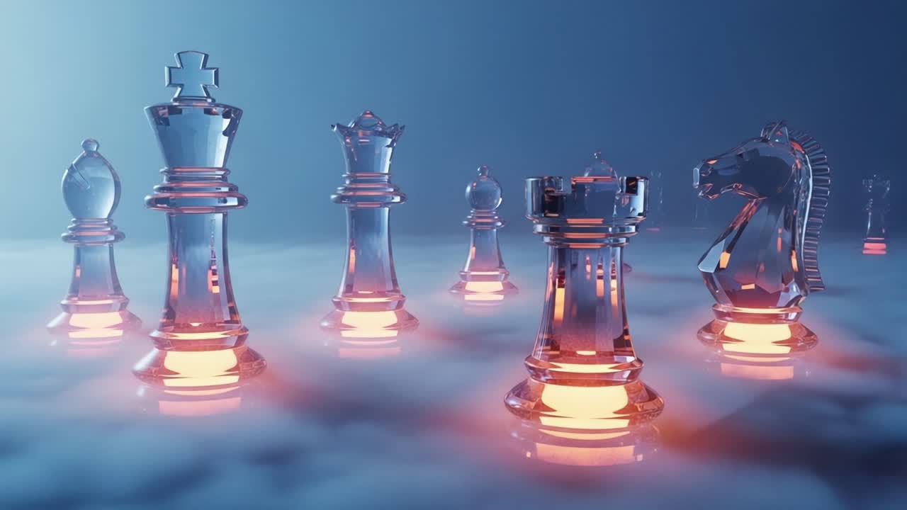 Illuminated Crystal Chess Pieces in a Dreamy Foggy Atmosphere: A Captivating Display of Strategy and Artistry Captured in Two Frames