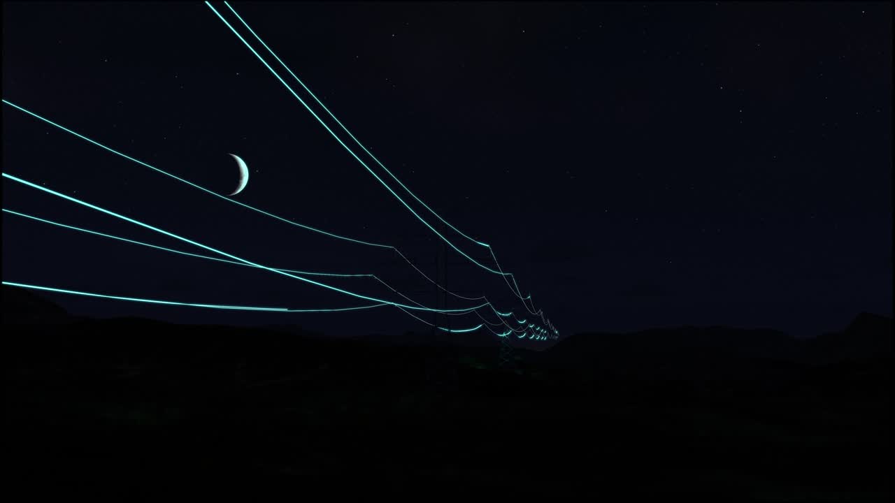 líneas de transmisión de energía con visualización digital 3d de la electricidad. imágenes escénicas con el cielo nocturno lleno de estrellas brillantes. concepto de energía verde renovable y entorno ecológico limpio