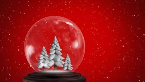 Animation-of-snow-falling-over-snow-globe-with-fir-trees-on-red-background