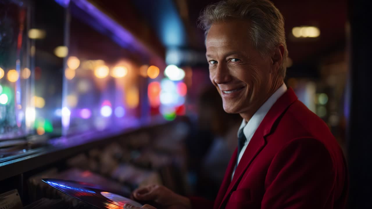 A Charismatic Man in a Stylish Red Blazer Showcasing a Vinyl Record Collection at a Vibrant Music Store, Capturing the Nostalgia and Passion for Classic Albums Amidst Colorful Background Lights