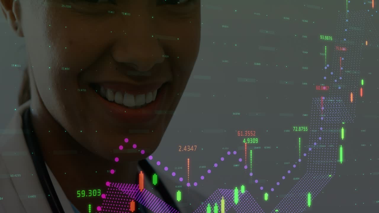Animering av databehandling över en leende asiatisk kvinnlig läkare.