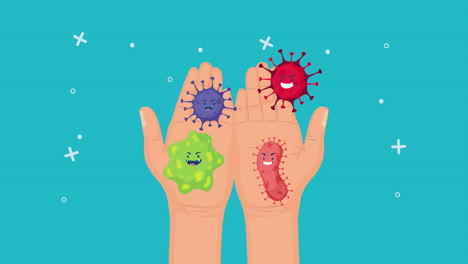 cartoon viruses and bacteria on hands