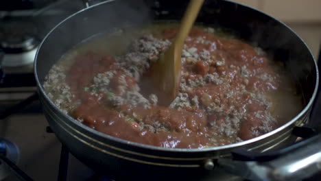 mince meat and tomato sauce being fried