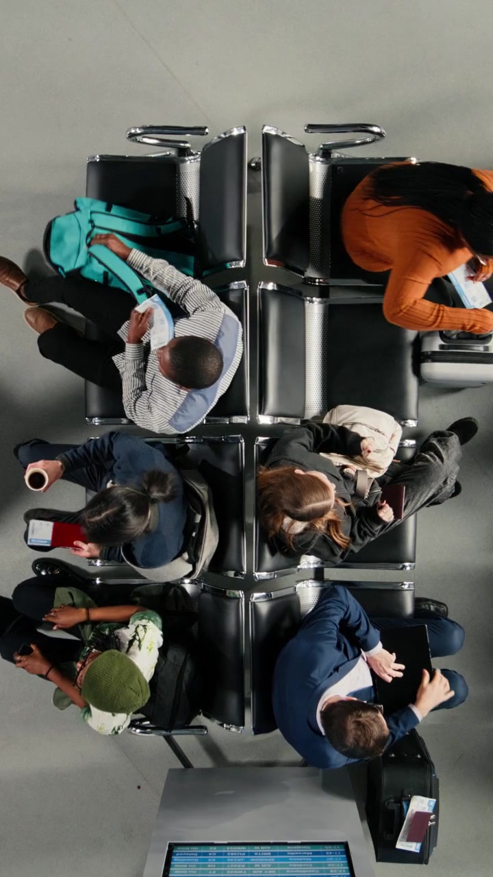 Overhead View of Diverse Travelers Waiting in Airport Lounge