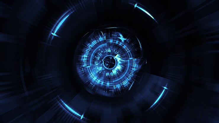 Abstract 3D blue science technology HUD circle interfaces seamless loop background, Hi-tech futuristic hologram display. Sci-Fi High Tech VR GUI. Modern cyberspace innovation title background concept.