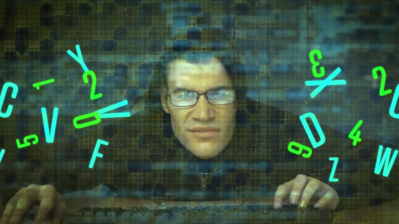 múltiples números y alfabetos cambiantes sobre un hacker masculino caucásico contra el procesamiento de datos