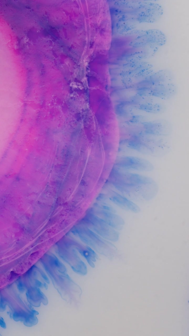 Imagens abstratas verticais de tinta roxa e azul se difundindo em líquido, criando padrões fluidos orgânicos em fundo branco, vista de arte criativa e design digital.