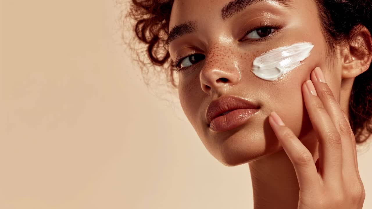 Close-up portrait of a woman applying cream on her cheek, captured from a slight low angle