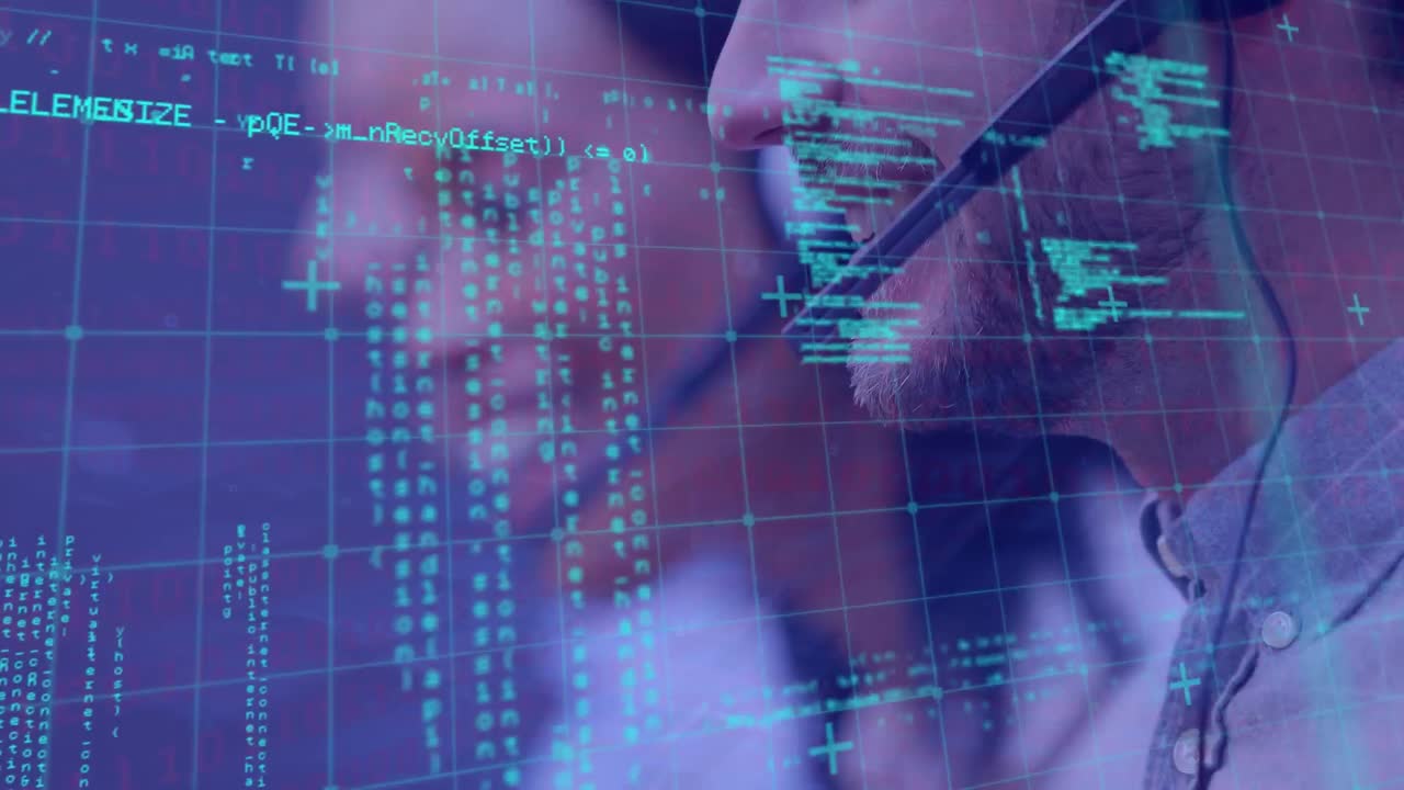 animación del procesamiento de datos sobre diversas personas de negocios que usan auriculares telefónicos