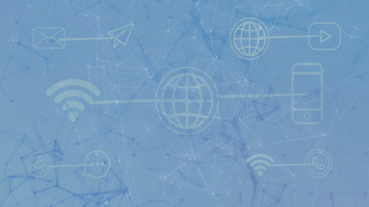 Globe icon glowing while connecting envelope, smartphone, Wi-Fi, chat bubble and network nodes