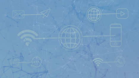 globe icon glowing while connecting envelope, smartphone, wi-fi, chat bubble and network nodes