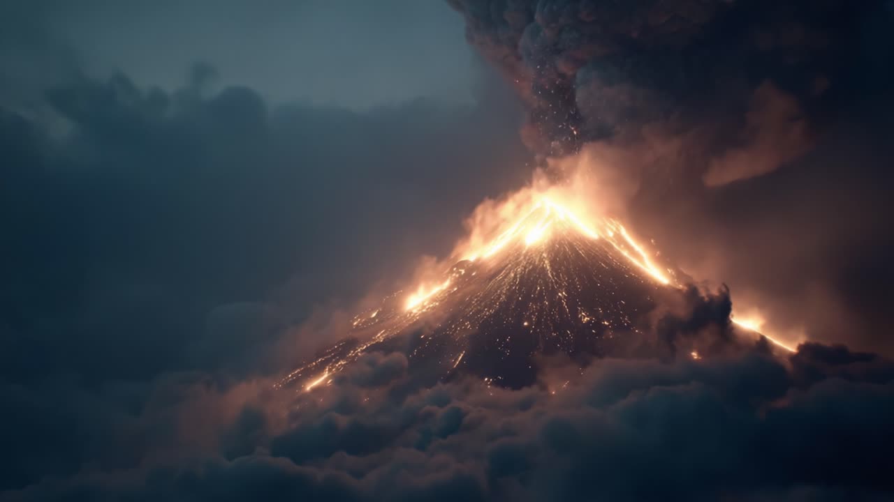 Explosive Eruption of a Majestic Volcano Illuminated by Lightning Under Dark Skies, Surrounded by Dramatic Cloud Cover in a Stunning Natural Display of Power and Beauty
