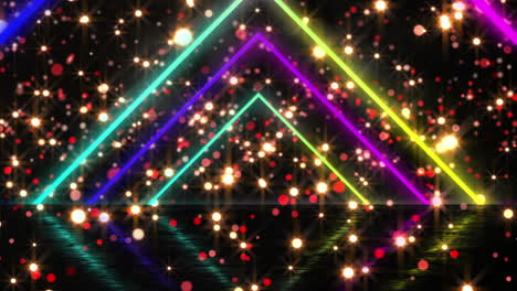 animación digital de triángulos de neón coloridos contra manchas rojas de luz sobre fondo negro