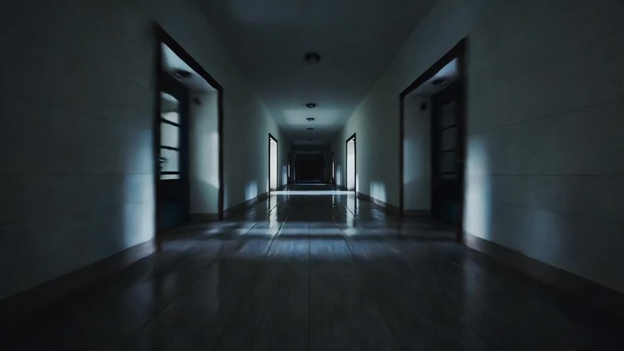 Floor-level camera moving down corridor, showing reflections from door frames to reveal dark recess