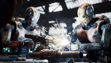 dynamic scene of robots engaged in precision work with tools and weapons in a high-tech environment filled with sparks and industrial equipment
