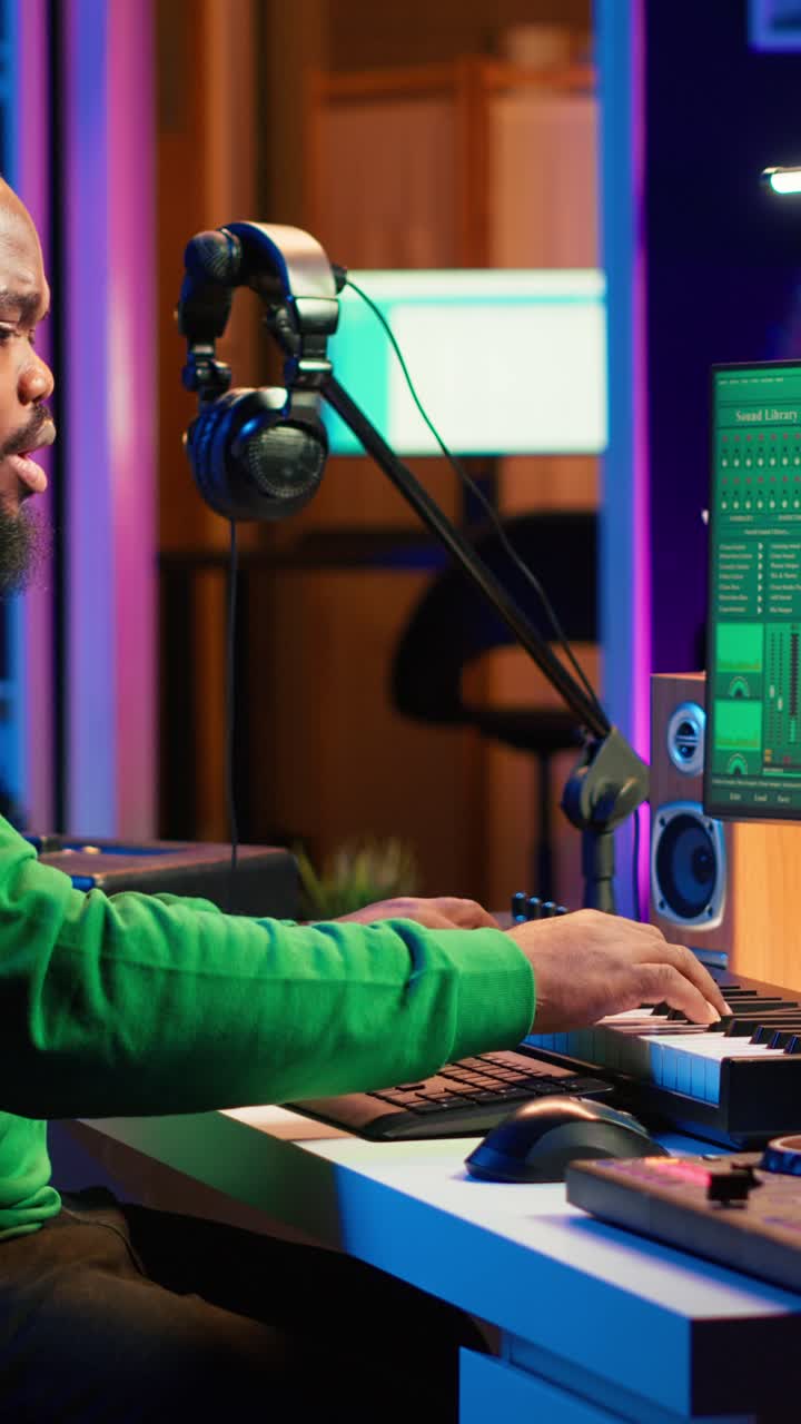 Uomo afroamericano che suona una tastiera MIDI in uno studio musicale