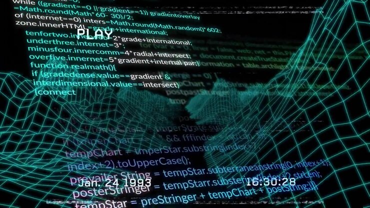 При воспроизведении цифровая 3D-сетка вращается и масштабируется, в то время как строки кода прокручиваются и визуализируют выполнение.