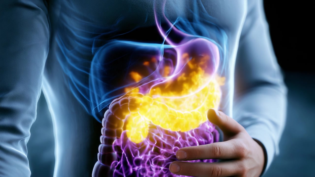Illustrazione del sistema digestivo umano che evidenzia gli organi e i processi chiave, enfatizzando lo stomaco e l'intestino in una rappresentazione visiva colorata