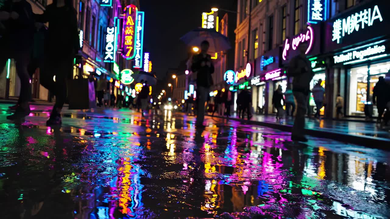 Low-angle shot of a vibrant city street at night, neon lights reflecting on wet pavement