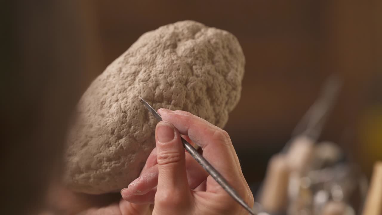 영감을 받은 도자기공이 전문적인 도구를 사용하여 세라을 조심스럽게 글래싱하는 오벌 모양의 조각의 앞면.