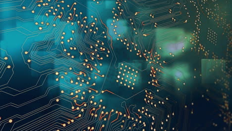 animación de un circuito integrado sobre un fondo azul y verde con cuadrados