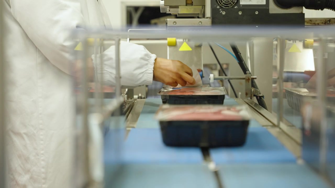 Gloved worker applies printed labels to minced beef trays moving along a conveyor in a modern meat packing facility.
